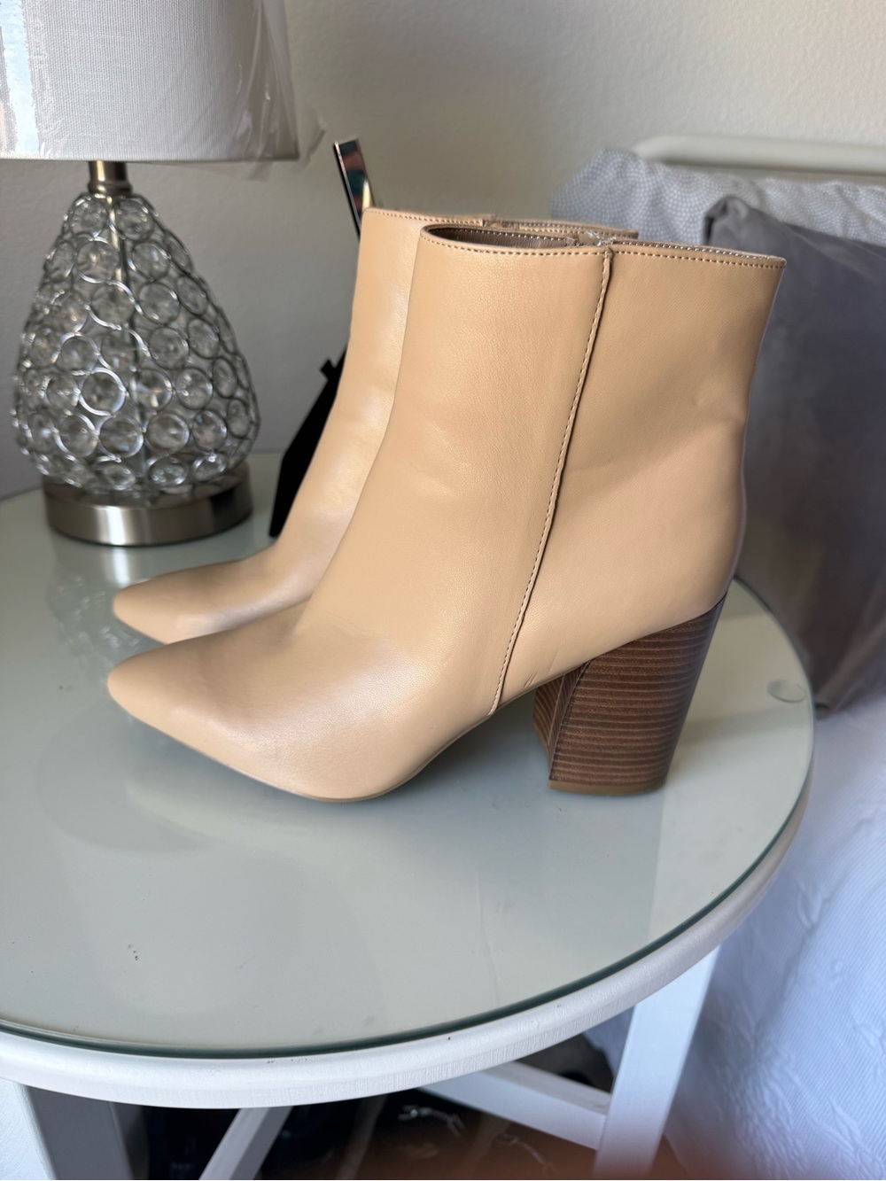 Sugar Nude Leather Pointed Toe Ankle Booties with Stacked Heel